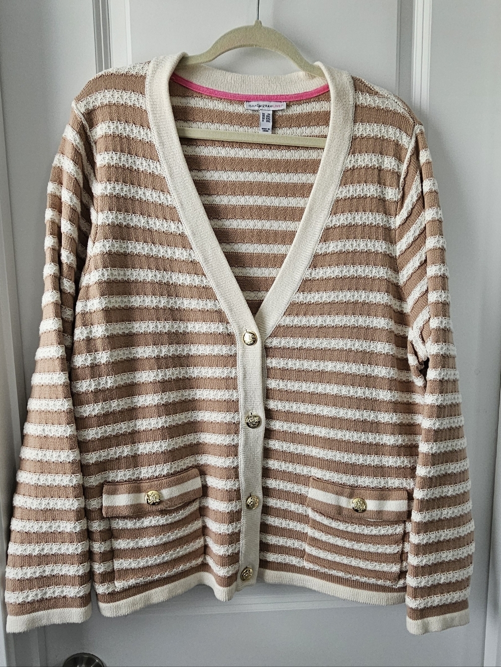 Isaac Mizrahi Cream and Tan Striped V-Neck Cardigan